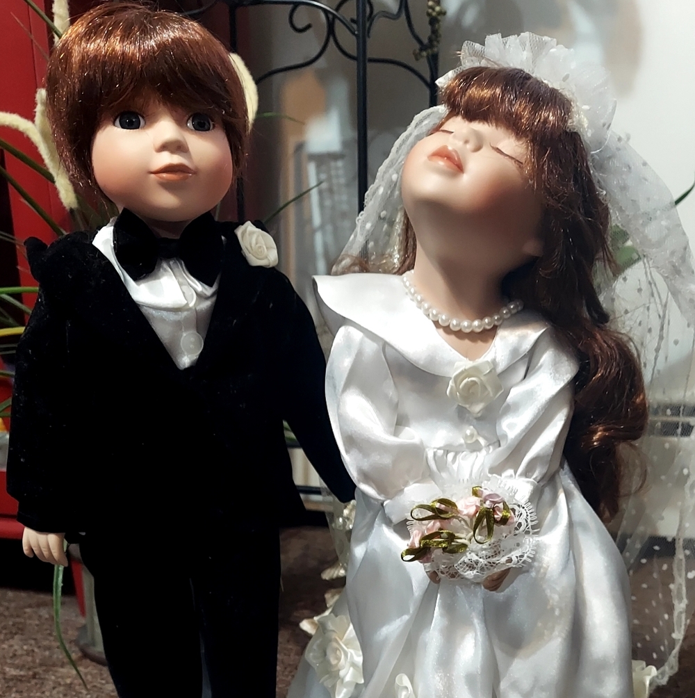 Elegant Wedding Doll Set with Black and White Attire